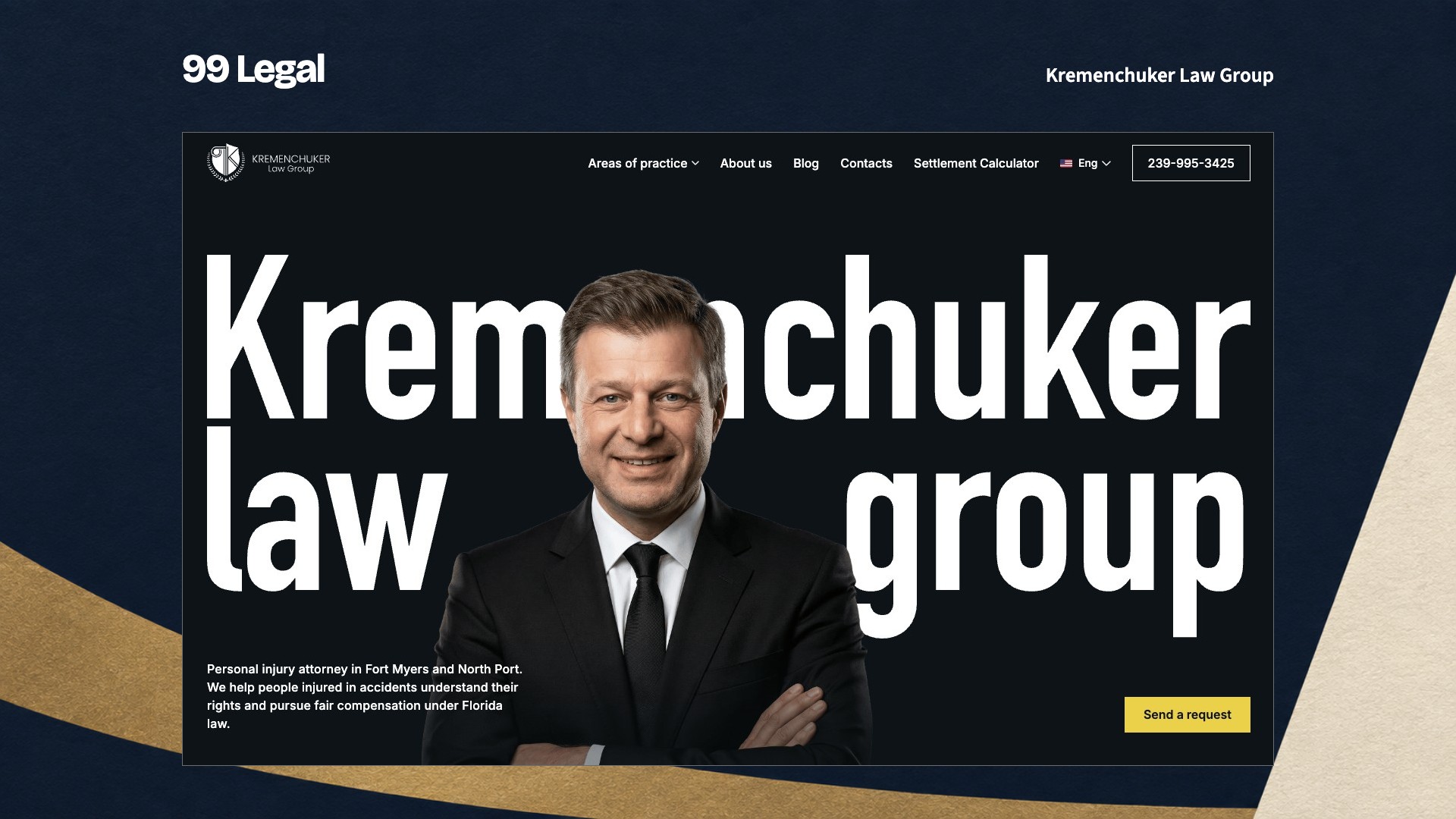 99 Legal homepage featuring attorney Leo Kremenchuker, practice navigation and a request button