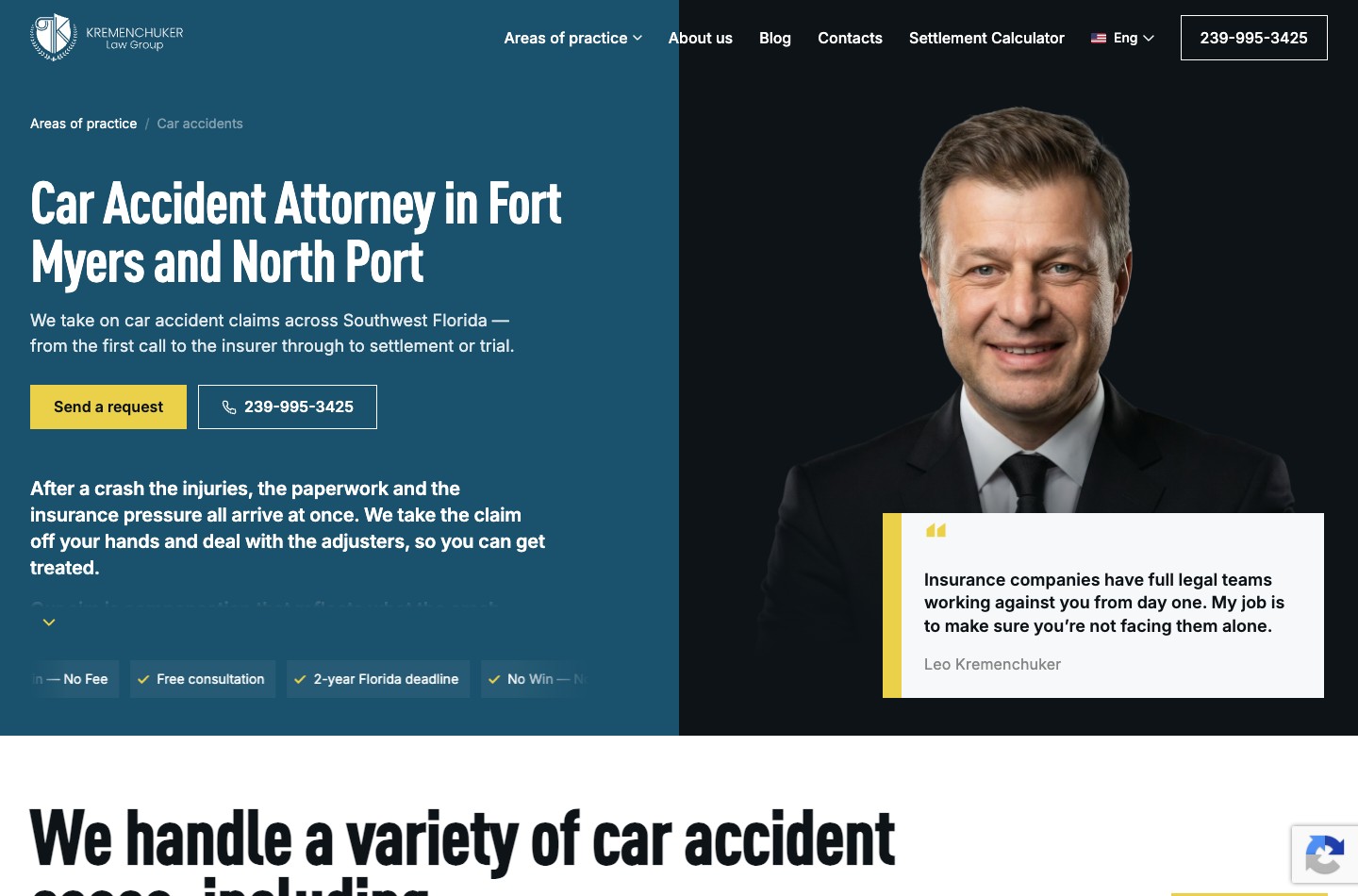 99 Legal car accident practice page with service information and a contact action